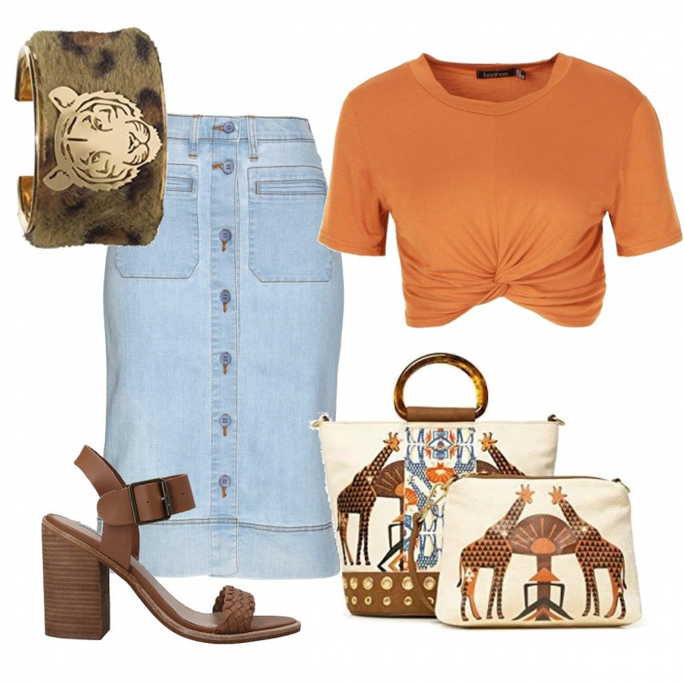 Outfit donna - Safari. Stile Trendy per Tutti i giorni. Abbinamento con gonne, sandali col tacco, t-shirt, borse a mano, braccialetti.