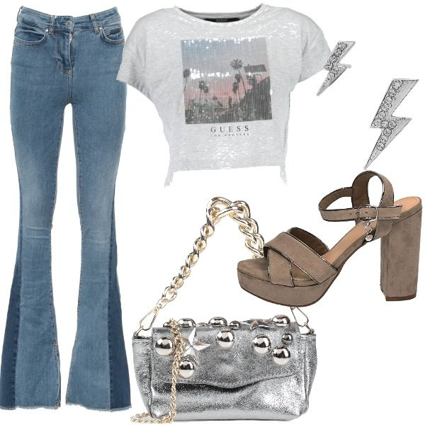 Outfit donna - Le offerte di Luglio!. Stile Basic per Tutti i giorni. Abbinamento con borse a mano, scarpe col tacco, jeans, t-shirt, orecchini.