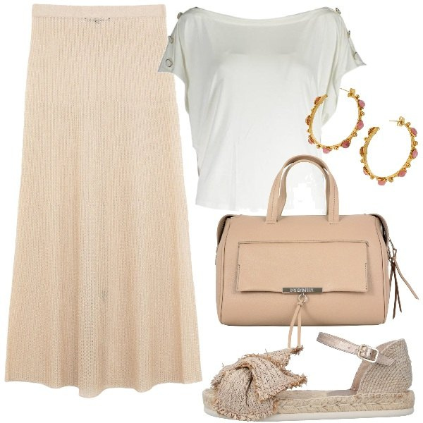 Outfit donna - Le offerte di Luglio!. Stile Chic per Tutti i giorni. Abbinamento con gonne lunghe, sandali, pullovers, borse a mano, orecchini.