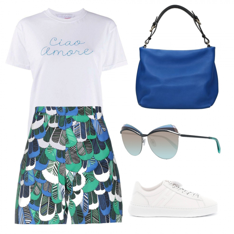 Outfit donna - Basic #27083. Stile Basic per Tutti i giorni. Abbinamento con borse a spalla, bermuda, sneakers, occhiali da sole, t-shirt.