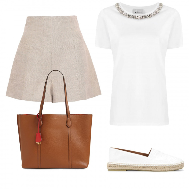 Outfit donna - Bon Ton #19323. Stile Bon Ton per Tutti i giorni. Abbinamento con t-shirt, shorts, shopping bag.