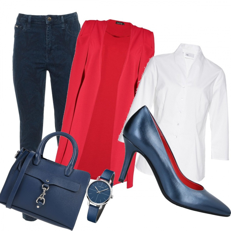 Outfit donna - Trendy #44026. Stile Trendy per Ufficio. Abbinamento con camicie, décolleté, borse a mano, cappe, jeans, orologi.