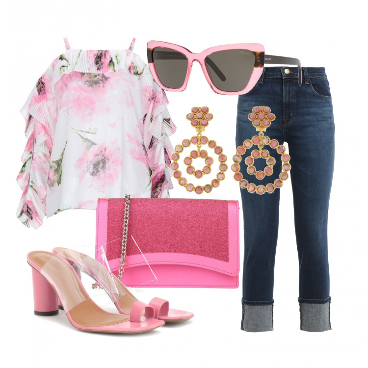 Outfit donna - Le offerte di luglio. Stile Trendy per Tutti i giorni. Abbinamento con bluse, occhiali da sole, borse a mano, sandali in pelle, jeans dritti, orecchini.