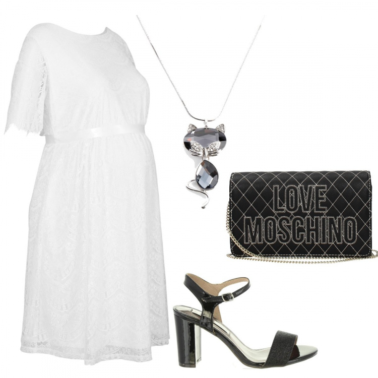 Outfit donna - Vestito bianco + collana. Stile Bon Ton per Serata fuori. look ideale per Premaman. Abbinamento con vestiti, collane, pochette, sandali.
