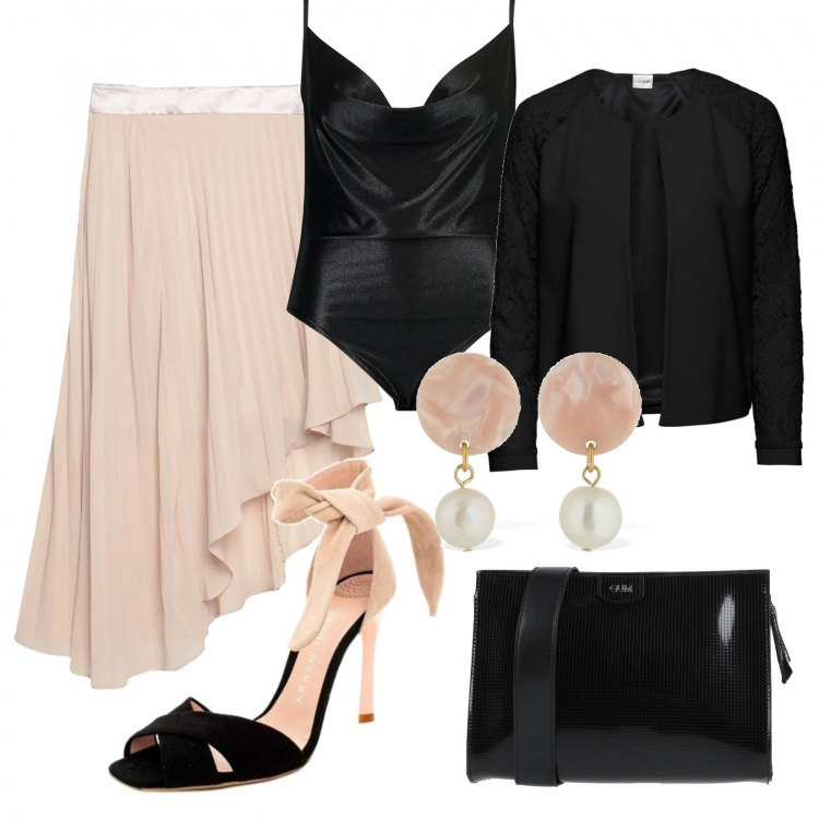 Outfit donna - Bon Ton #19357. Stile Bon Ton per Serata fuori. Abbinamento con blazer, gonne longuette, borse a spalla, body, sandali, orecchini.