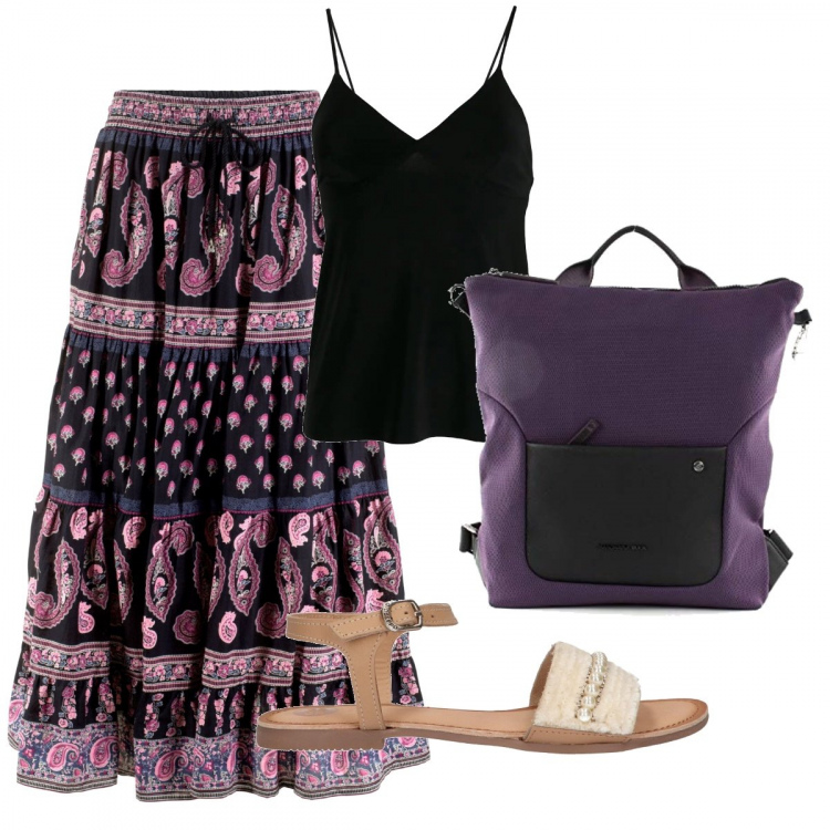 Outfit donna - Trendy. Stile Trendy per Tutti i giorni. Abbinamento con gonne lunghe, canottiere, borse a spalla, sandali.