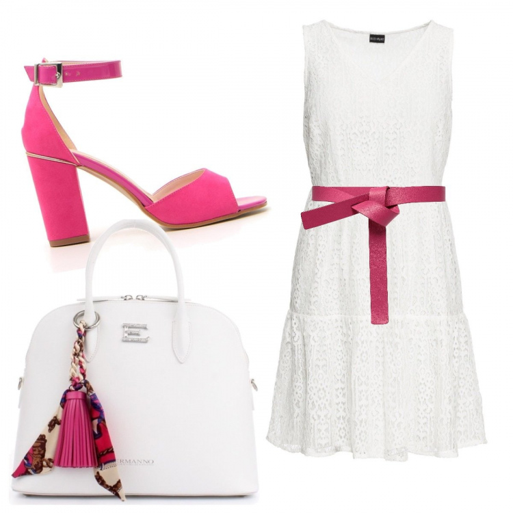Outfit donna - Due colori. Stile Trendy per Tutti i giorni. Abbinamento con cinture, vestiti, borse a mano, sandali col tacco.