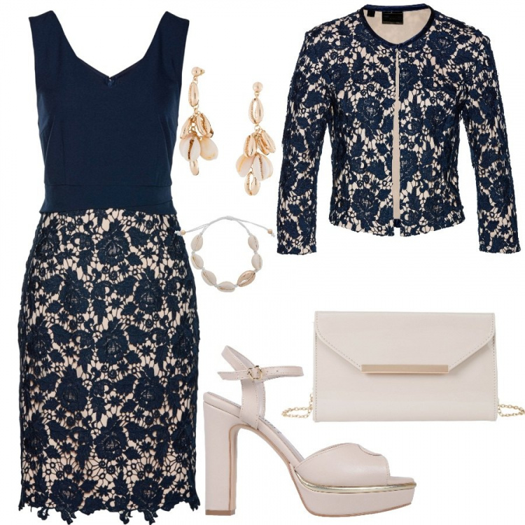 Outfit donna - Chic #23900. Stile Chic per Cerimonia. Abbinamento con sandali in pelle, reggiseni push-up, pochette, vestiti a tubino, orecchini.