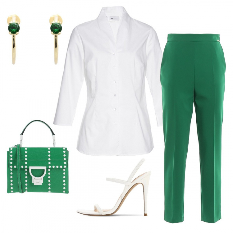 Outfit donna - Verde speranza. Stile Chic per Serata fuori. Abbinamento con camicie, borse a mano, orecchini, pantaloni, sandali in pelle.