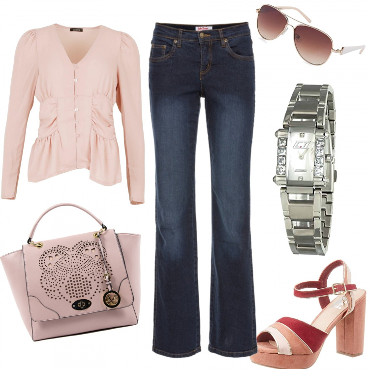 Outfit donna - Monday look. Stile Trendy per Tutti i giorni. Abbinamento con jeans dritti, camicie, scarpe col tacco, borse a mano, orologi, occhiali da sole.