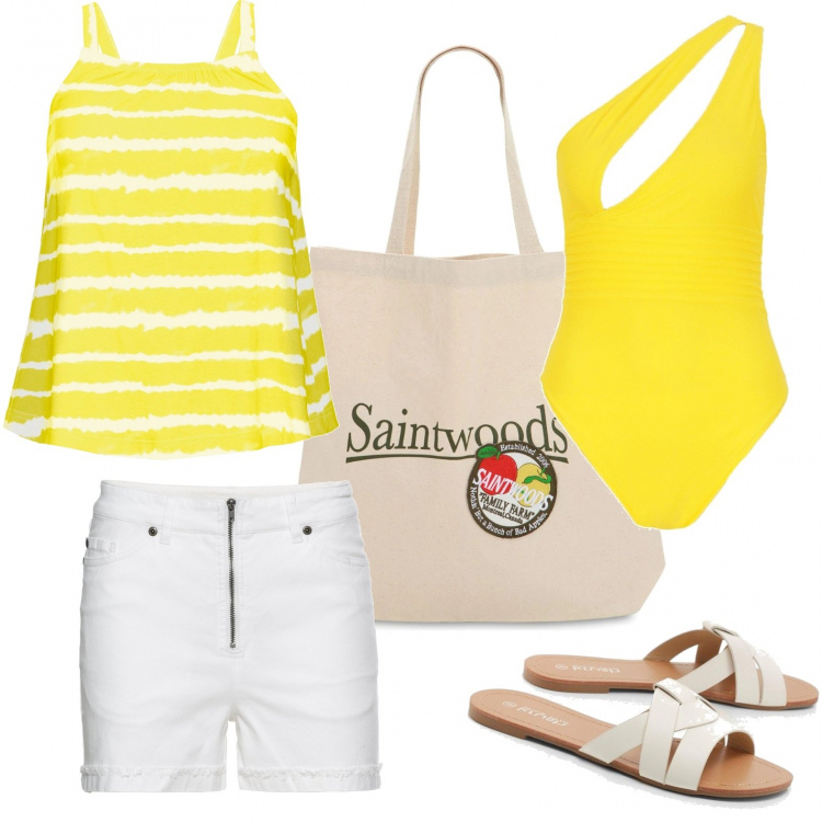 Outfit donna - Verso il mare. Stile Basic per Mare. look ideale per Petite. Abbinamento con maglieria, shorts, ciabatte, tute, shopping bag.