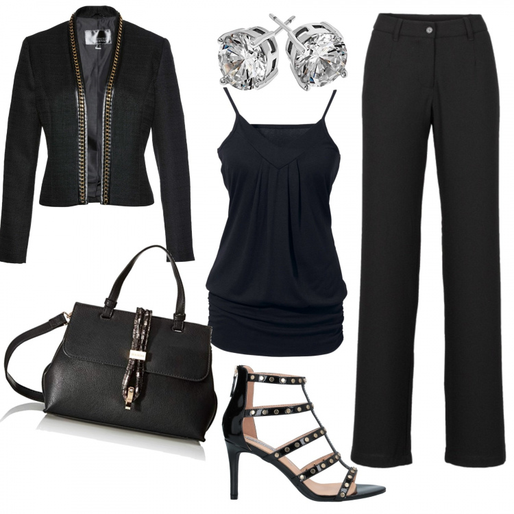Outfit donna - Totally black. Stile Trendy per Tutti i giorni. Abbinamento con top, blazer, pantaloni a palazzo, sandali in pelle, zaino, orecchini.