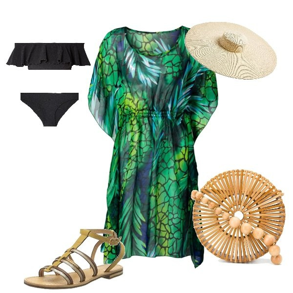 Outfit donna - Sulla spiaggia. Stile Trendy per Mare. Abbinamento con vestiti da spiaggia, costumi, cappelli, borse a spalla, sandali alla schiava.