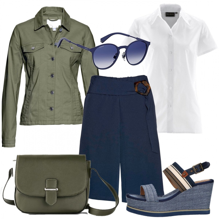 Outfit donna - Al lavoro con le zeppe. Stile Trendy per Ufficio. Abbinamento con camicie a manica corta, bermuda, blazer, borse a tracolla, sandali, occhiali da sole.