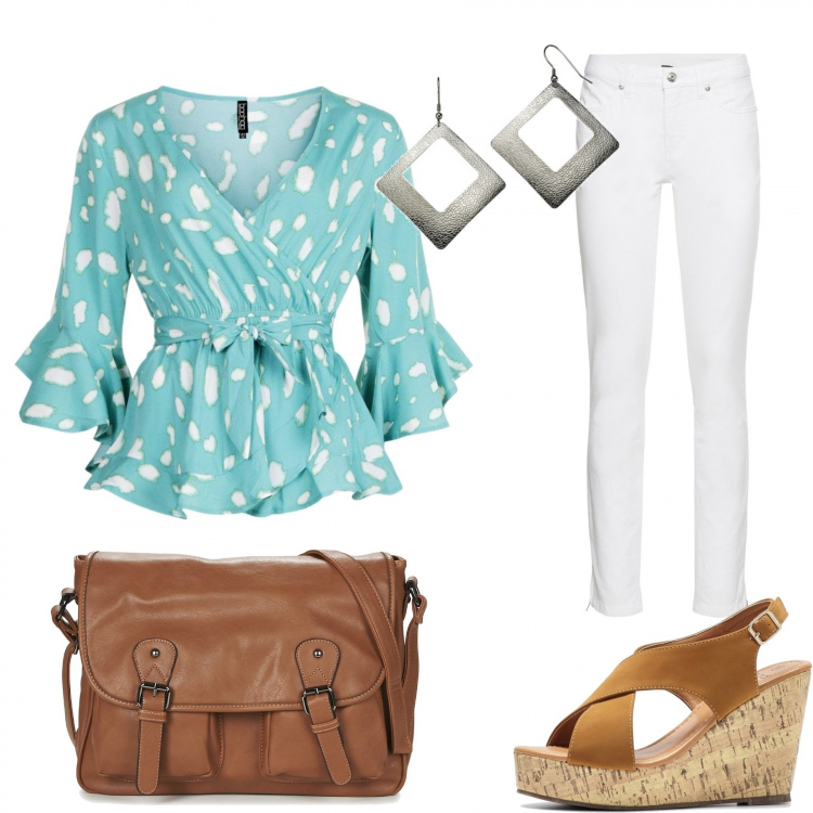 Outfit donna - Turchese. Stile Basic per Ufficio. Abbinamento con jeans skinny, sandali, camicie, borsa a tracolla, orecchini.