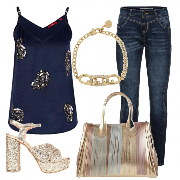 Outfit donna - Rose gold. Stile Trendy per Serata fuori. Abbinamento con jeans boyfriend, borse a mano, sandali col tacco, braccialetti, bluse.