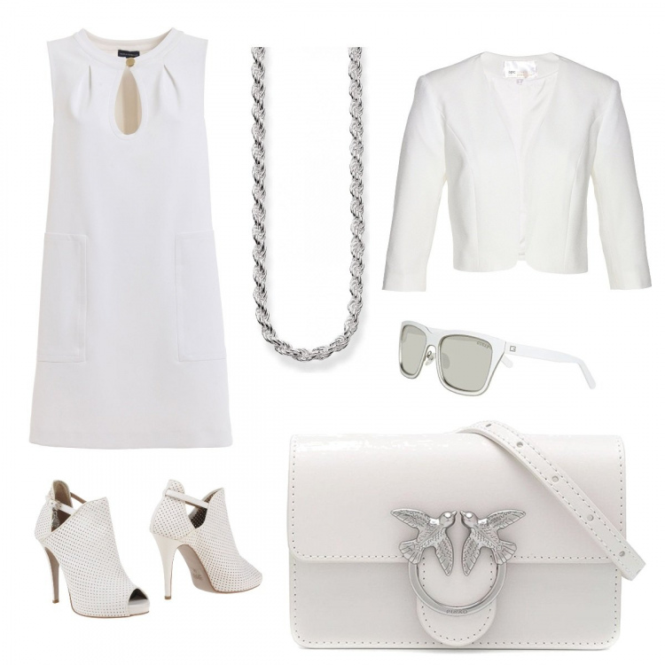 Outfit donna - Serata al mare total white con collana. Stile Urban per Serata fuori. Abbinamento con stivaletti, maglieria, vestiti senza maniche, occhiali da sole, marsupi, ciondoli.