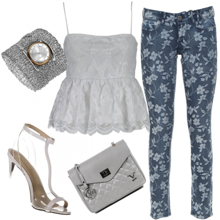 Outfit donna - Look by Guess. Stile Urban per Serata fuori. Abbinamento con canottiere, jeans, orologi, sandali, pochette.