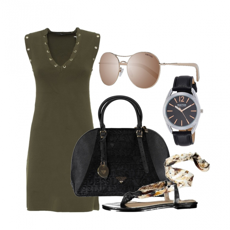 Outfit donna - Tubino verde militare stile Guess. Stile Trendy per Tutti i giorni. Abbinamento con vestiti, sandali, zaini, occhiali da sole.