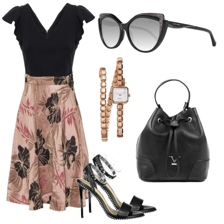 Outfit donna - Summer mood. Stile Trendy per Tutti i giorni. Abbinamento con vestiti, sandali, occhiali da sole, orologi, borse a mano.