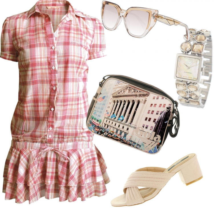 Outfit donna - Estate. Stile Trendy per Tutti i giorni. Abbinamento con sandali, camicie, borse sportive, occhiali da sole, orologi.