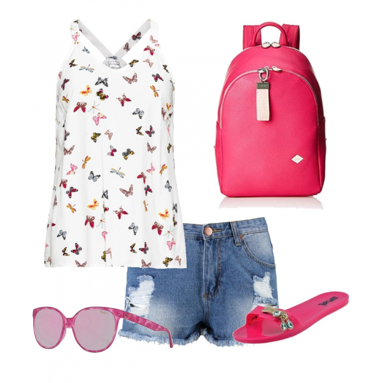 Outfit donna - Colazione fuori. Stile Basic per Mare. Abbinamento con top, pantaloni corti, ciabatte, zaini, occhiali da sole.