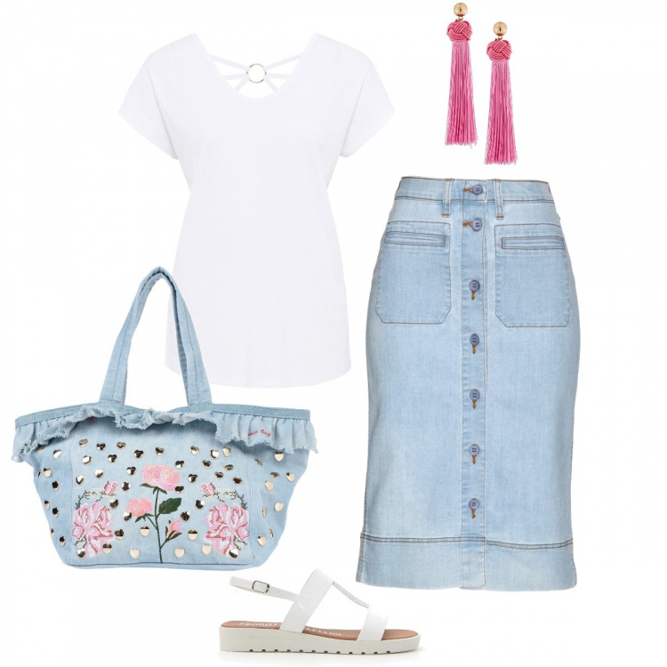 Outfit donna - La gonna in jeans per tutti i giorni. Stile Basic per Tutti i giorni. Abbinamento con gonne, maglieria, orecchini, borse a mano, sandali.