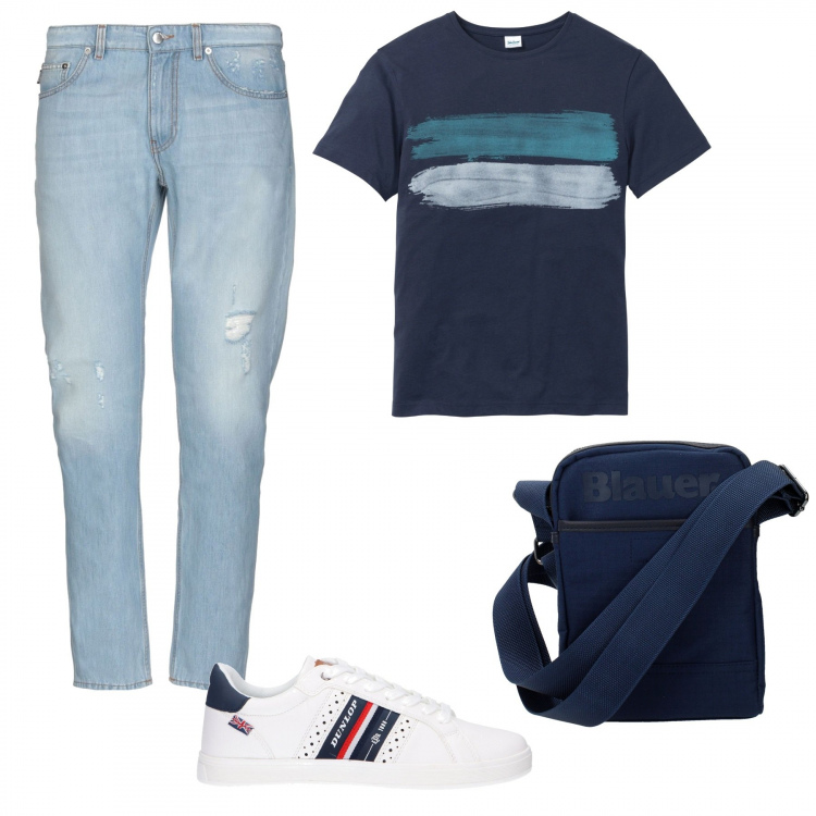 Outfit uomo - Jeans Moschino. Stile Trendy per Tutti i giorni. Abbinamento con t-shirt, jeans strappati, accessori, sneakers.