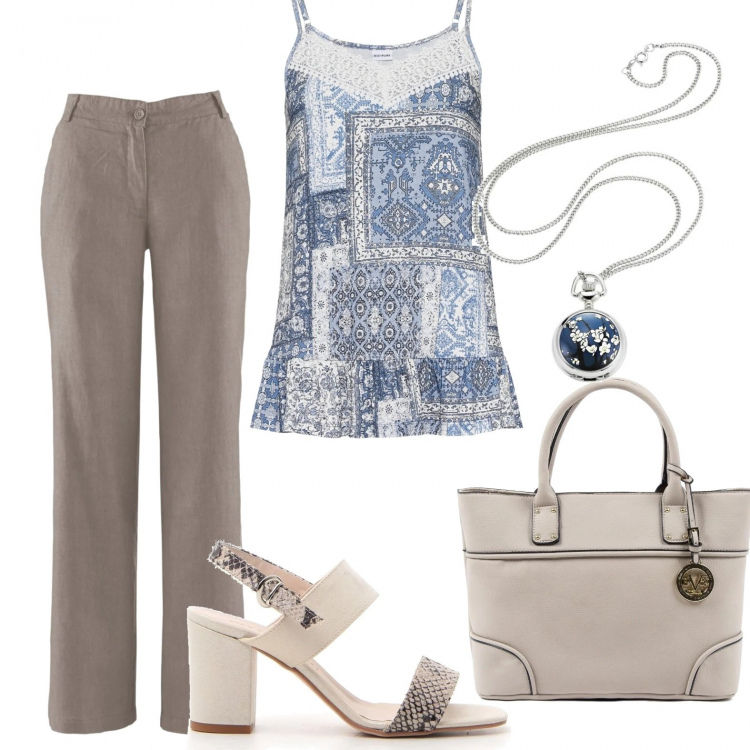 Outfit donna - Cielo e sabbia. Stile Chic per Tutti i giorni. Abbinamento con pantaloni, vestiti, collane, sandali col tacco, borse a mano.