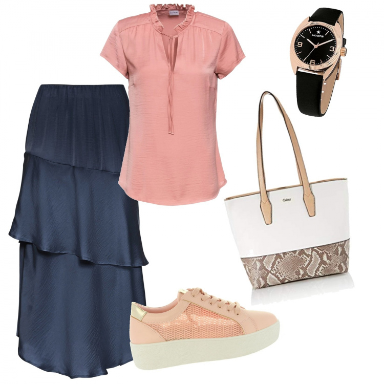 Outfit donna - Oltre taglia 50 - stilosa. Stile Urban per Serata fuori. look ideale per Tall. Abbinamento con gonne longuette, bluse, sneakers, borse a spalla, orologi.
