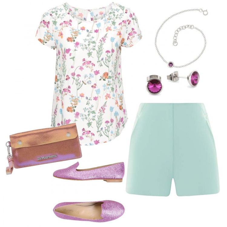 Outfit donna - Shorts e mocassini. Stile Trendy per Tutti i giorni. Abbinamento con bluse, mocassini, borse a mano, shorts, orecchini, braccialetti.