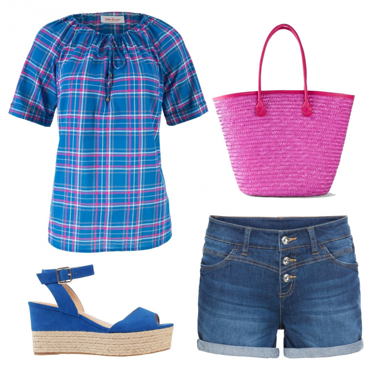 Outfit donna - Picnic romantico. Stile Basic per Mare. Abbinamento con shorts, pantaloni, tuniche, sandali col tacco.