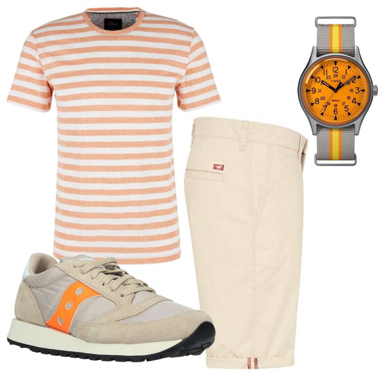 Outfit uomo - Un po’ di stile per mio fratello. Stile Trendy per Tutti i giorni. Abbinamento con sneakers, pantaloni corti, t-shirt, orologi.