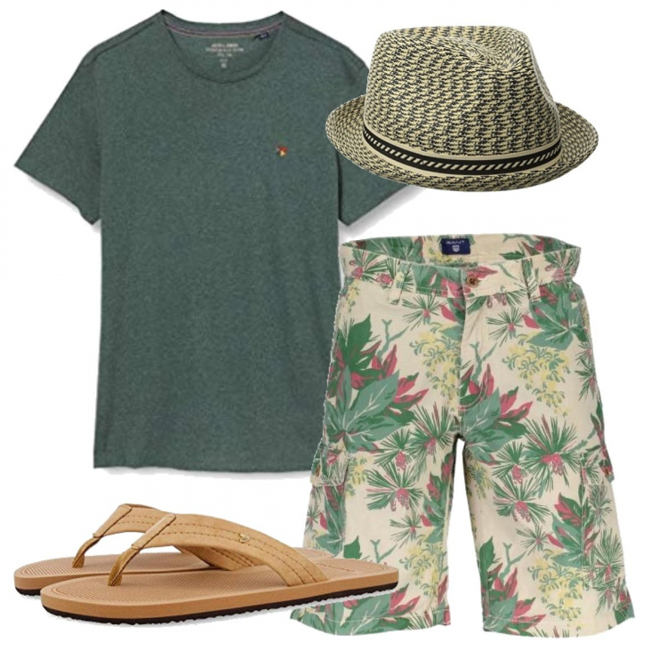 Outfit uomo - Per mio fratello al mare. Stile Trendy per Mare. Abbinamento con t-shirt, cappelli, bermuda, sandali.