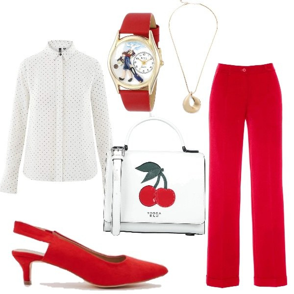 Outfit donna - Rosso che passione trendy. Stile Basic per Tutti i giorni. look ideale per Tall. Abbinamento con pantaloni, ciondoli, borse a mano, scarpe col tacco, orologi, camicie.