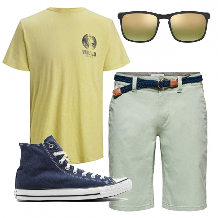 Outfit uomo - Non i soliti colori. Stile Casual per Tutti i giorni. Abbinamento con sneakers alte, occhiali da sole, shorts, t-shirt.