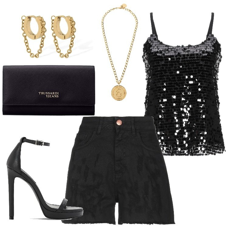 Outfit donna - Bella e dannata. Stile Sexy per Serata fuori. Abbinamento con top, shorts, collane, portafogli, sandali in pelle, orecchini.