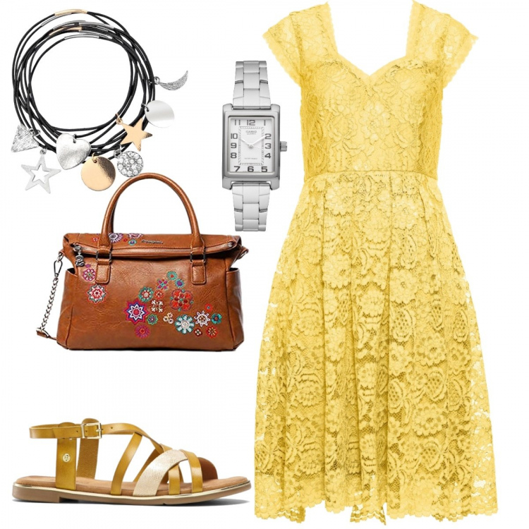Outfit donna - Abito in pizzo. Stile Trendy per Tutti i giorni. Abbinamento con orologi, bermuda, vestiti midi/longuette, felpe, borse a spalla.