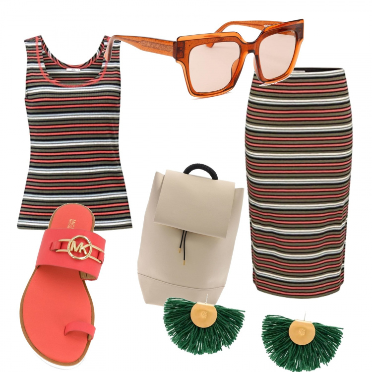 Outfit donna - Sandali senza tacco+zaino. Stile Basic per Tutti i giorni. Abbinamento con sandali, orecchini, gonne, t-shirt, zaini, occhiali da sole.
