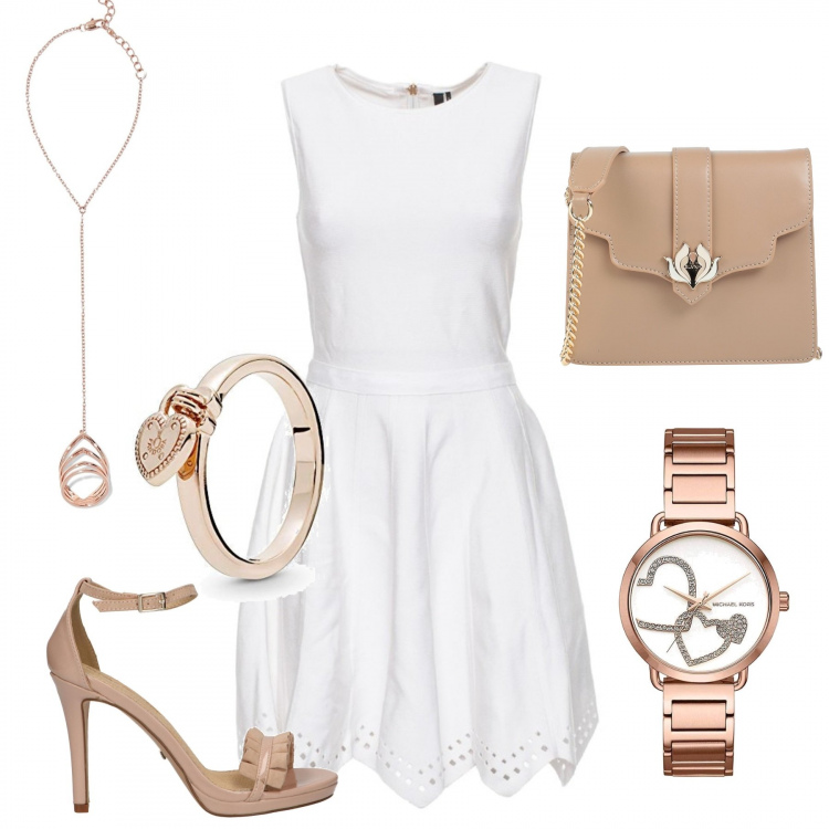 Outfit donna - Abito bianco corto. Stile Bon Ton per Serata fuori. Abbinamento con borse a spalla, anelli, vestiti, anelli, orologi, sandali.