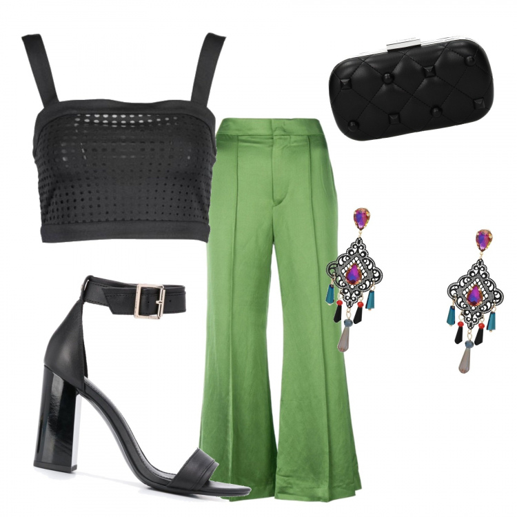 Outfit donna - Pantaloni a palazzo+tacco alto. Stile Sexy per Serata fuori. Abbinamento con orecchini, pochette, pantaloni a palazzo, sandali col tacco, top.