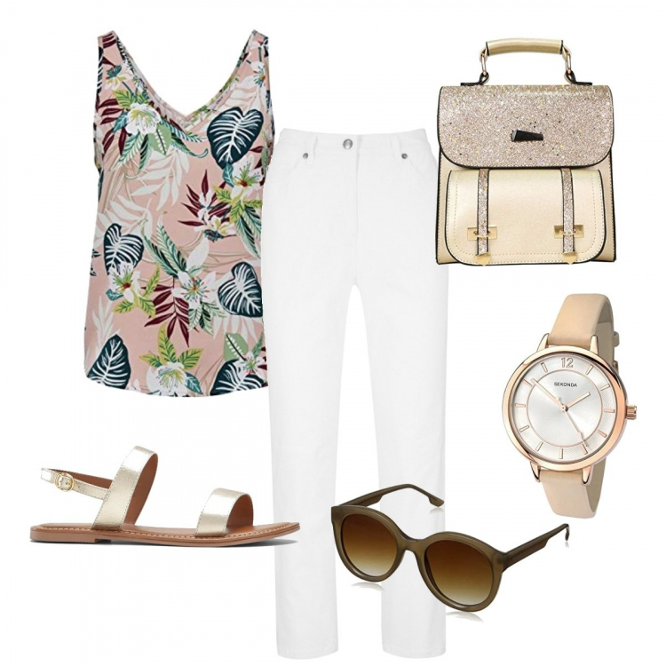 Outfit donna - Passeggiando in città. Stile Basic per Tutti i giorni. Abbinamento con pantaloni, top, canottiere, impermeabile, orologi, occhiali da sole.