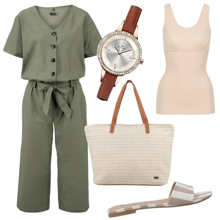 Outfit donna - La tuta verde oliva. Stile Basic per Ufficio. Abbinamento con top, tute, borse a mano, sandali, orologi.