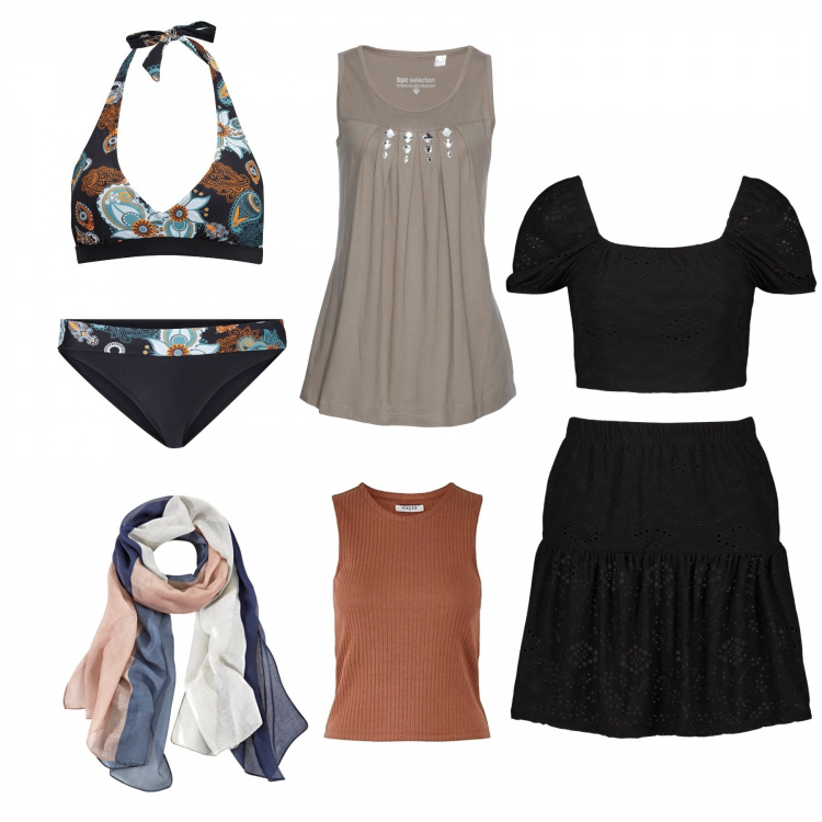 Outfit donna - Poche cose in valigia. Stile Basic per Mare. look ideale per Petite. Abbinamento con bikini, culotte, top, sciarpe, top, canottiere.