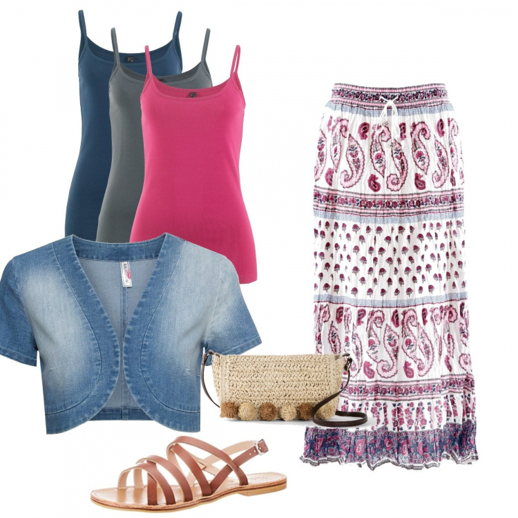 Outfit donna - Gonna lunga. Stile Trendy per Tutti i giorni. Abbinamento con top sportivi, bolero, gonne lunghe, borse a spalla, sandali alla schiava.
