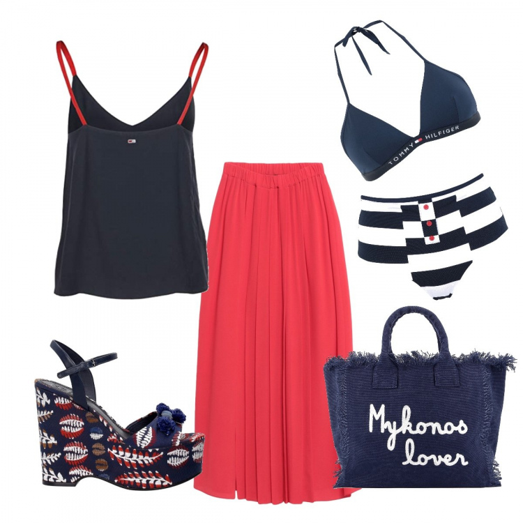 Outfit donna - Ape al mare. Stile Trendy per Mare. Abbinamento con gonne longuette, costumi, bikini, zeppe, borse a mano, magliette intime.