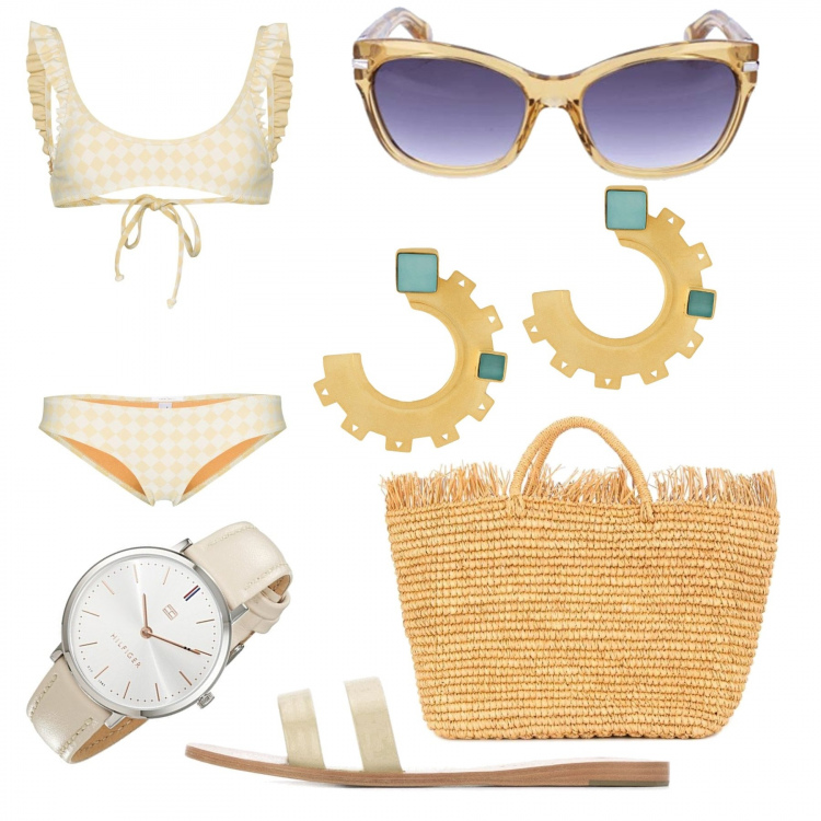 Outfit mujer - Bikini + bolso de rafia. Estilo Trendy para Mar. Combinación con relojes analógicos, gafas de sol, bikini, bolso shopper, sandalias de piel, pendientes.