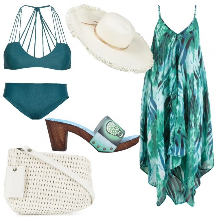 Outfit donna - Basic #27705. Stile Basic per Mare. Abbinamento con vestiti da spiaggia, sabot, costumi, costumi, cappelli, borse a spalla.