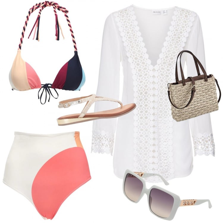 Outfit donna - Il Bikini Multicolor. Stile Trendy per Mare. Abbinamento con tuniche, infradito, occhiali da sole, borse a tracolla, bikini, bikini.