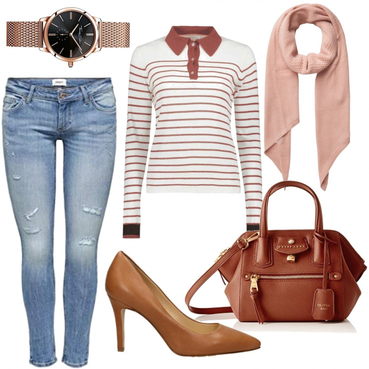 Outfit mujer - Camiseta con cuello polo. Estilo Trendy para Oficina. Combinación con bolsos de mano, vaqueros pitillo, relojes analógicos, polo, zapatos de tacón, bufandas.